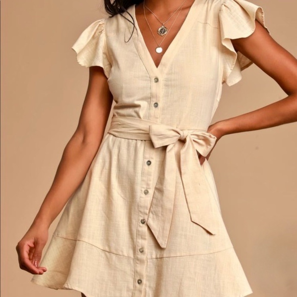 Lulu's Cream Button-Down Dress with Tie Waist Size S